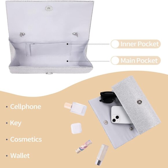 High-Quality Silver Evening Handbag - Chic Pleated Design & Spacious Interior - Picture 4 of 7